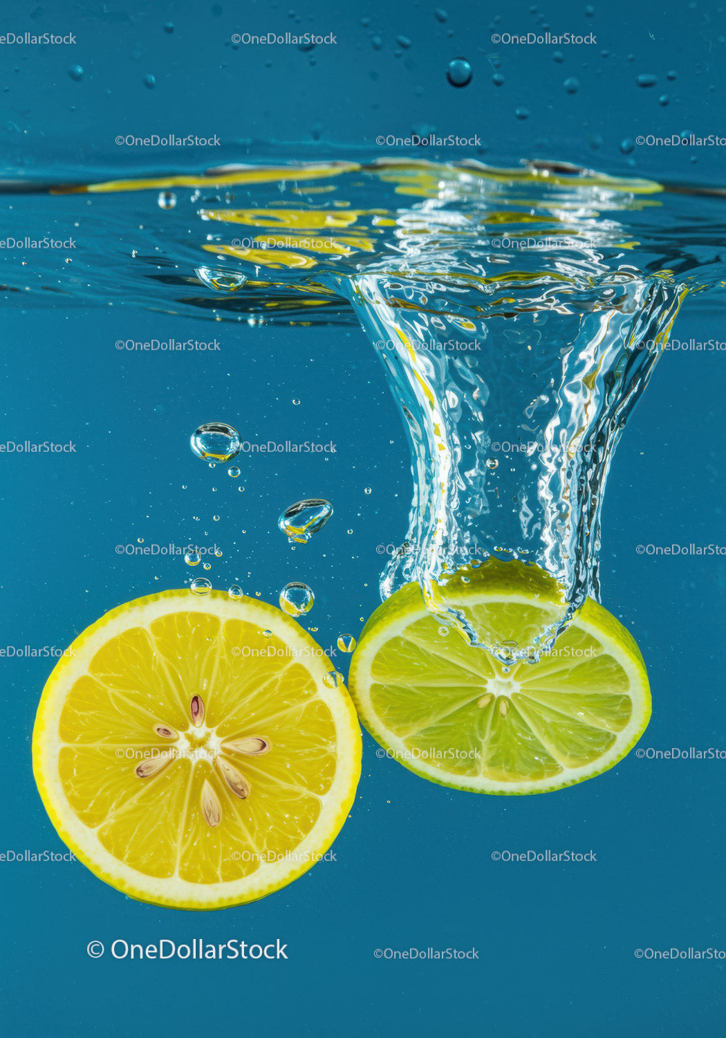 Fresh lemon and lime slices splashing into clear water