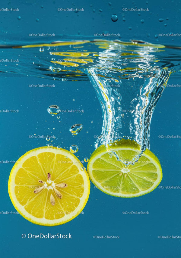 Fresh lemon and lime slices splashing into clear water