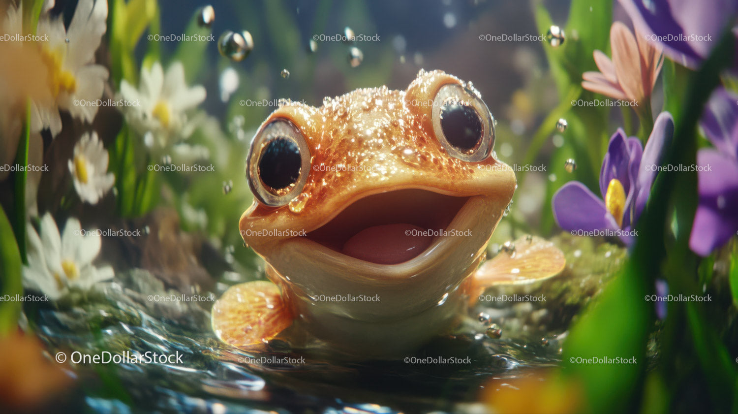 Close-up of a Frogs Face Surrounded by Wildflowers in Nature