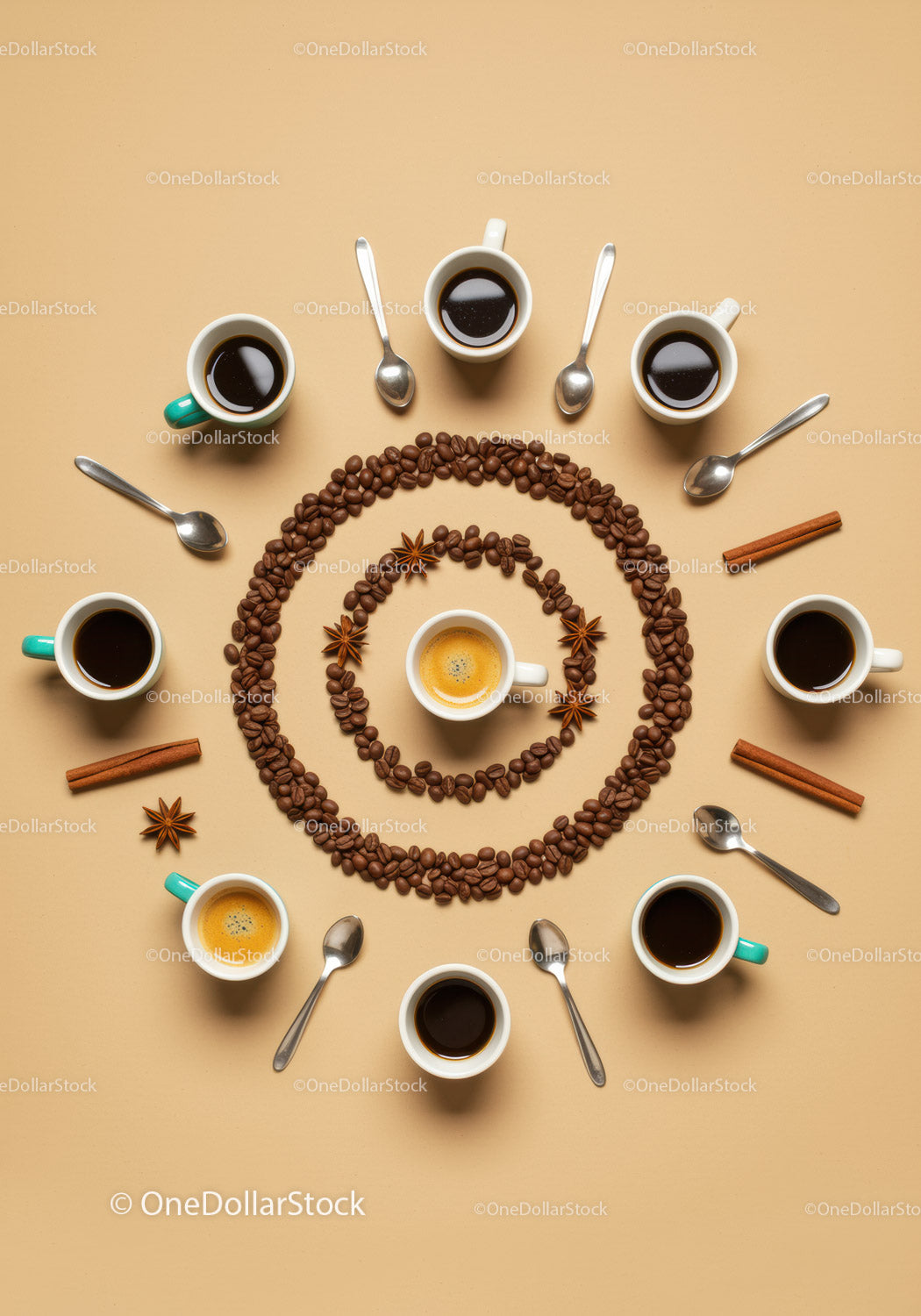 Various coffee cups arranged in a spiral with beans