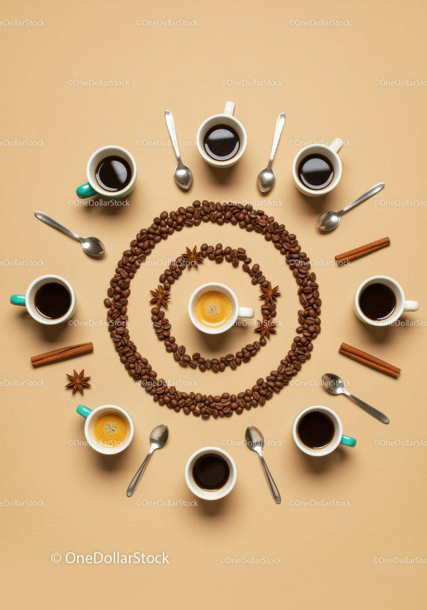 Various coffee cups arranged in a spiral with beans
