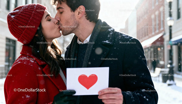Couple Sharing a Kiss Holding Heart Card Outdoors