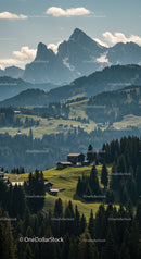 Majestic Snow-Capped Mountain Range with Green Forest and Rustic Cabins