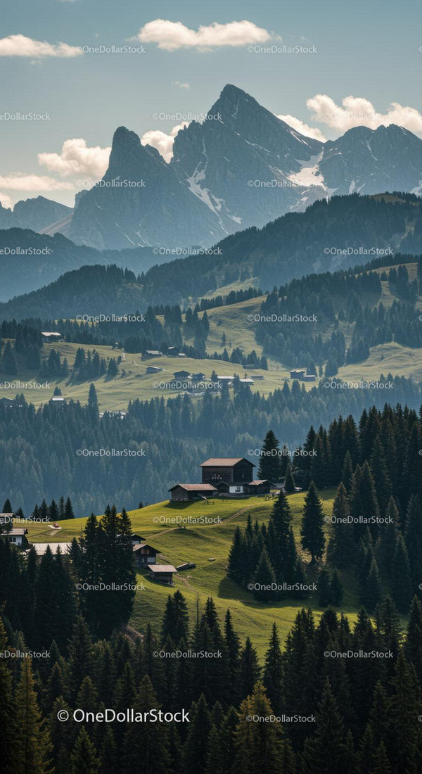 Majestic Snow-Capped Mountain Range with Green Forest and Rustic Cabins