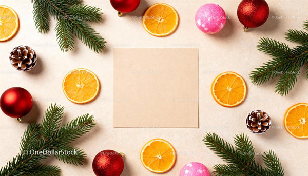 Festive flat lay with dried oranges and Christmas decor