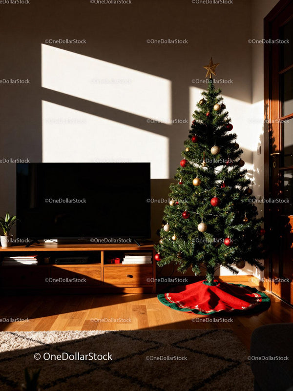 Cozy living room with decorated Christmas tree and TV