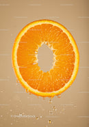 Fresh orange slice dripping with juice in beige background