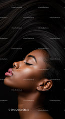 Serene young woman with flowing black hair and closed eyes