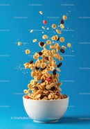 Healthy cereal and dried fruits bursting from bowl