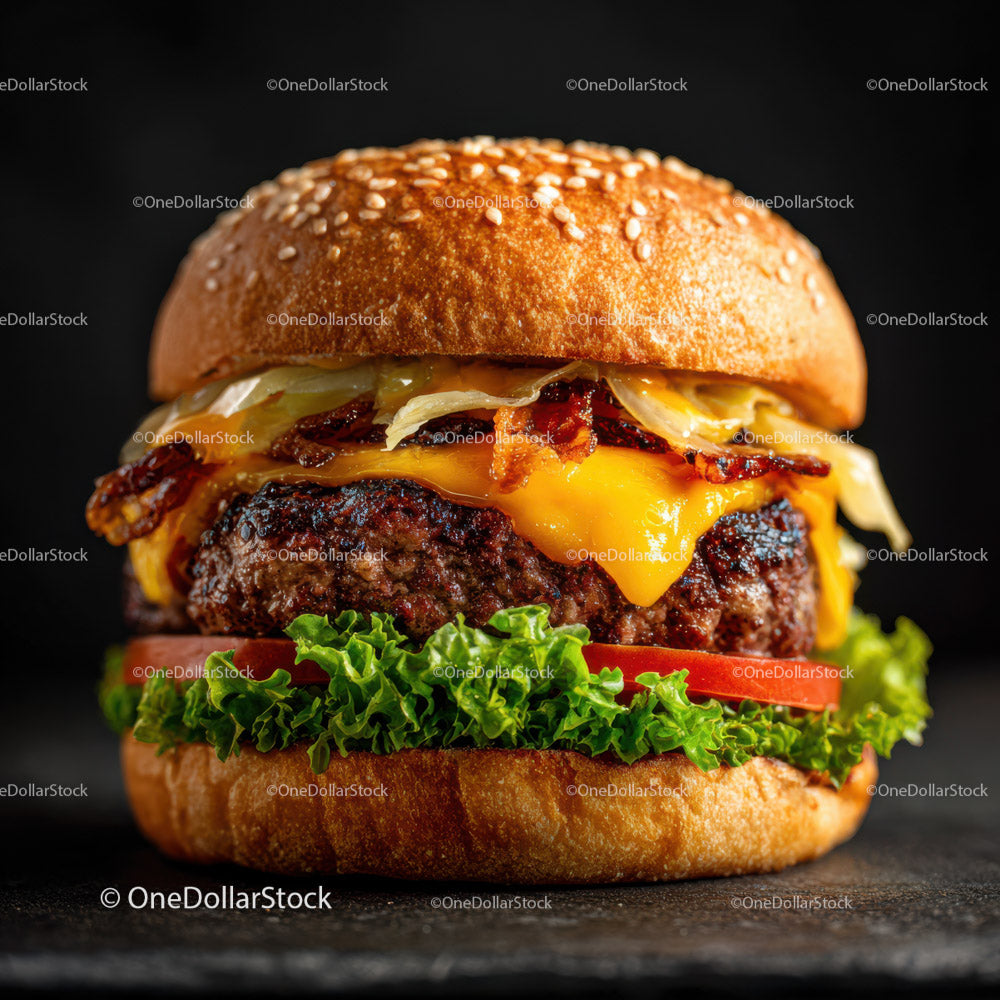 Wykwintny burger wołowy z serem, boczkiem, sałatą i pomidorem