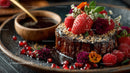 Decorative Chocolate Lava Cake with Fresh Berries and Edible Flowers