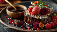 Decorative Chocolate Lava Cake with Fresh Berries and Edible Flowers