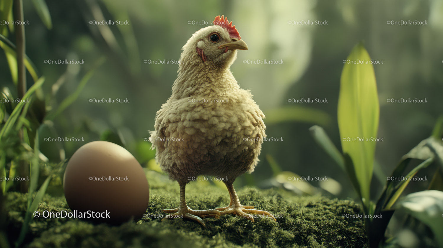 Brown Hen Standing Near Egg in Lush Green Environment