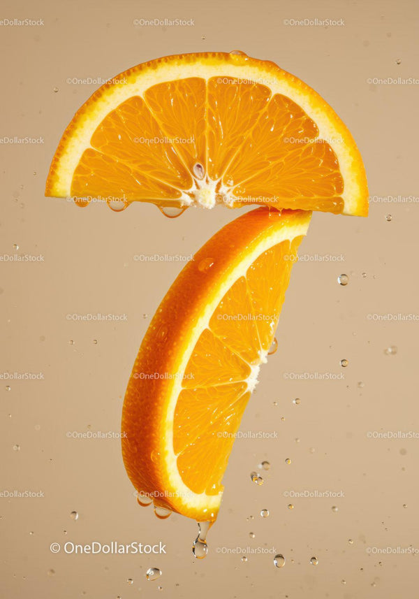Fresh orange slices dripping with water droplets