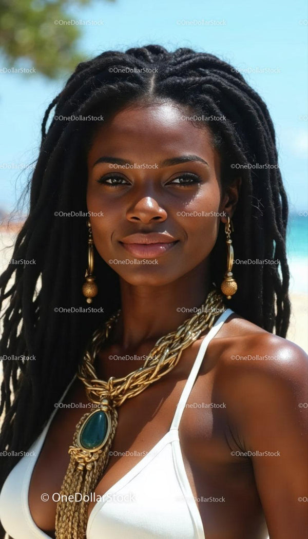 Elegant Black Woman With Dreadlocks and Jewelry at the Beach