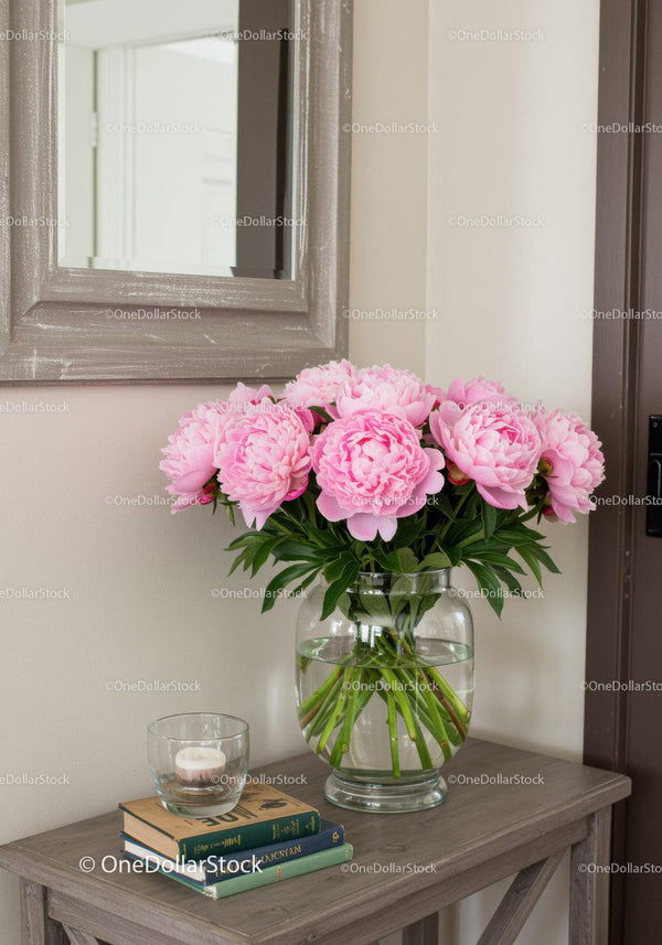 Pink Peony Flower Bouquet in Glass Vase on Wooden Table
