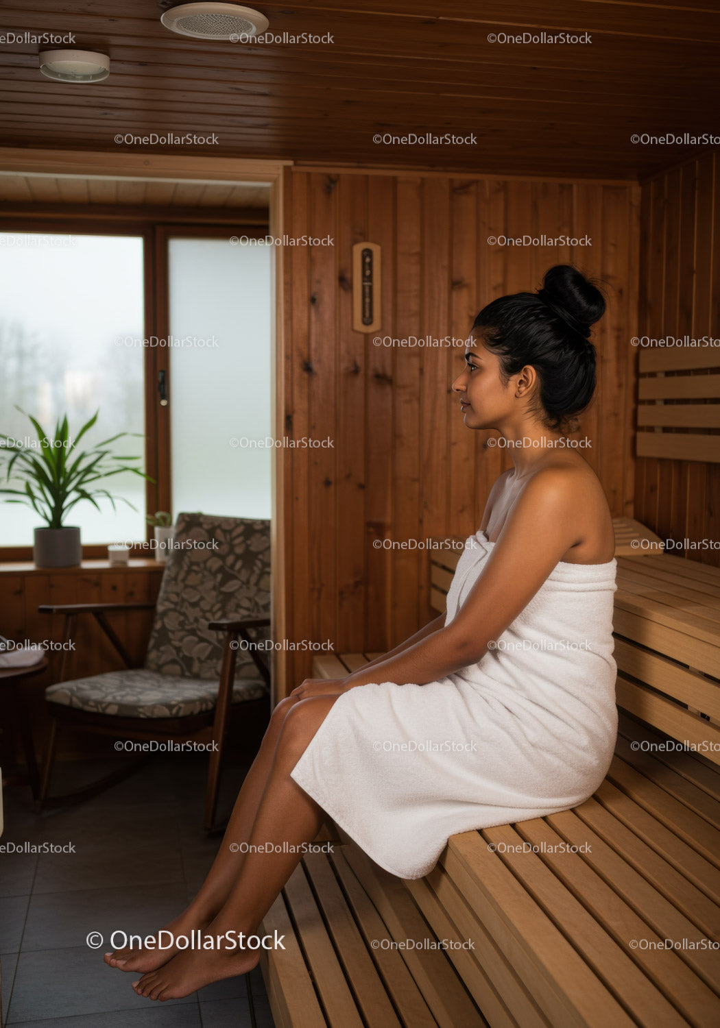 Relaksująca kobieta siedząca w drewnianej saunie i pokoju spa dla dobrego samopoczucia i spokoju