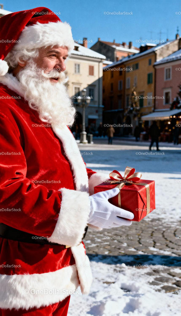 Santa Claus holding a Christmas gift outdoors in winter