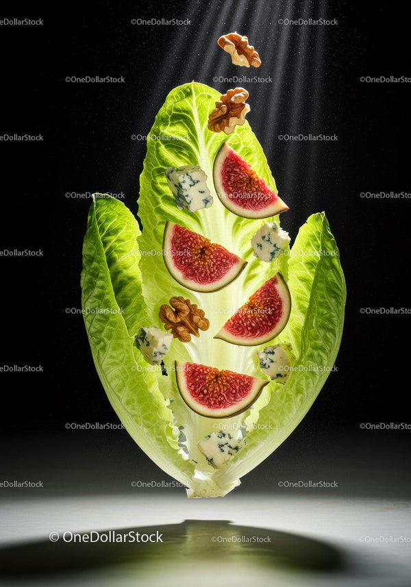 Fresh romaine lettuce with figs walnuts and blue cheese