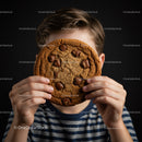 Child holding large chocolate chip cookie in front of face