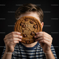 Child holding large chocolate chip cookie in front of face