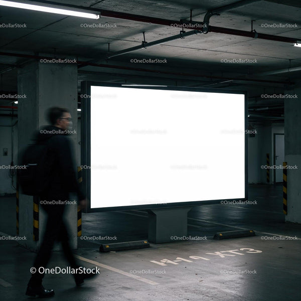 Man walking past illuminated billboard in parking garage JPG Mockup Image