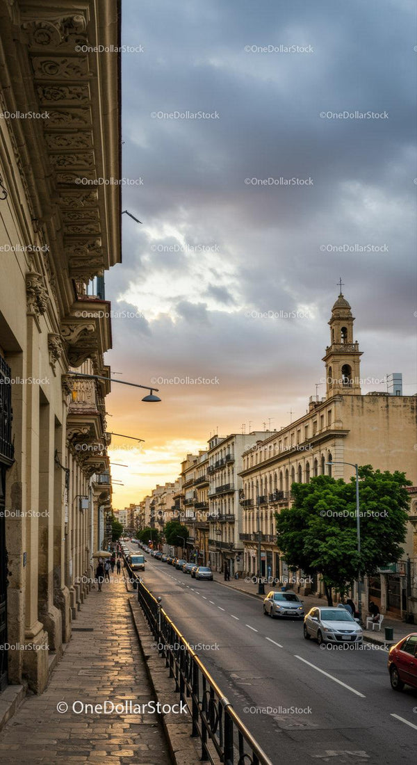 Sunset over European City Street with Historic Buildings and Cityscape
