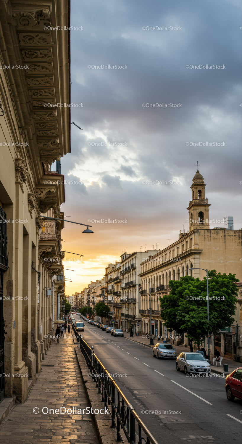 Sunset over European City Street with Historic Buildings and Cityscape