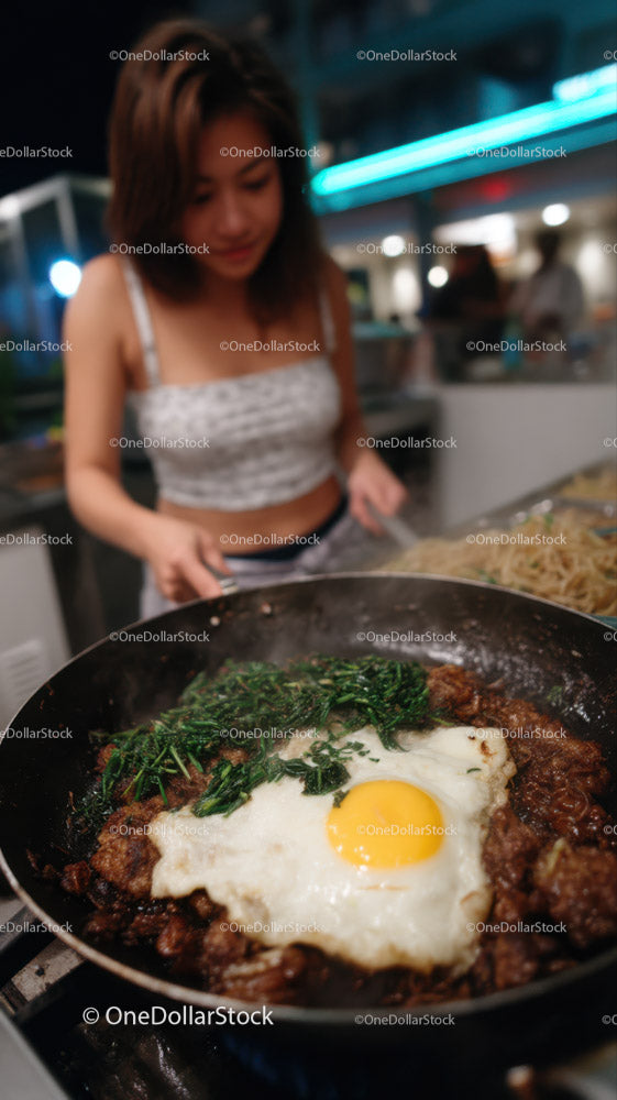Woman Cooking Fried Egg with Greens and Meat in a Pan