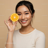 Vibrant Young Woman Smiling with Orange Slice in Bright Studio
