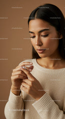 Portrait of a Confident Woman with Elegant Makeup and Cozy Sweater