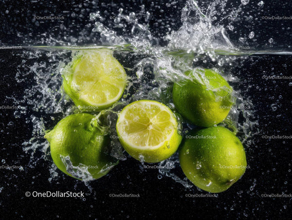 Fresh Green Limes Splash with Water Droplets in Dynamic Motion