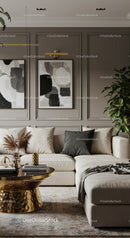 Modern living room with elegant neutral decor and gold accents
