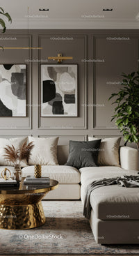 Modern living room with elegant neutral decor and gold accents