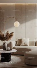 Cozy beige living room with curved sofa and modern decor