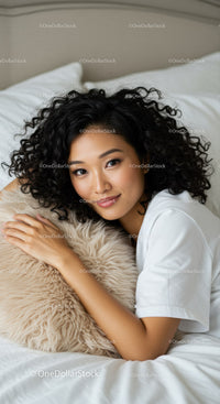 Relaxed woman lying on bed with soft fluffy pillow