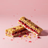 Berry Filled Crispy Cereal Snack Bars on Pink Background