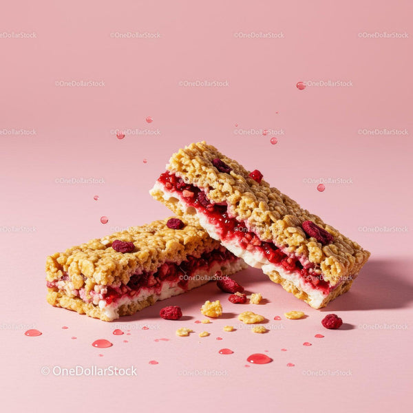 Berry Filled Crispy Cereal Snack Bars on Pink Background