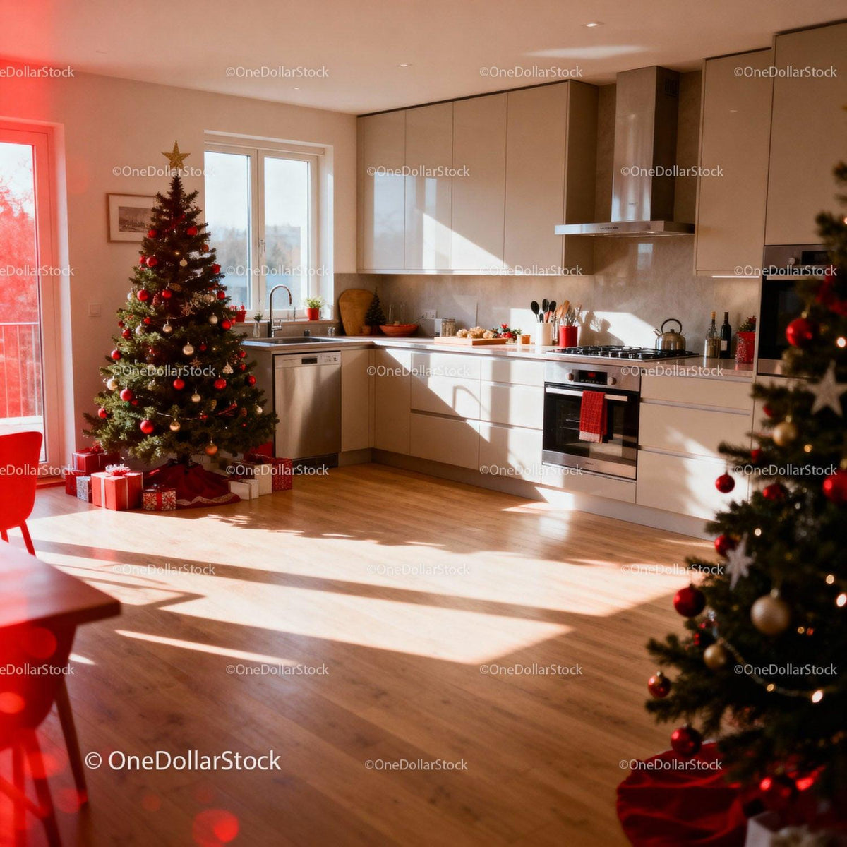 Bright Modern Kitchen Decorated for Christmas Holidays