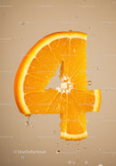 Fresh Orange Slice Shaped As Number Four With Water Droplets