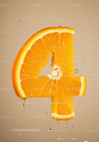 Fresh Orange Slice Shaped As Number Four With Water Droplets