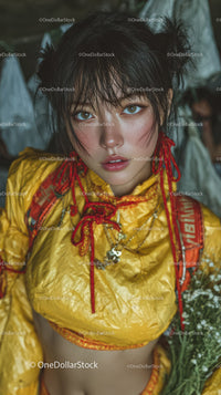 Vibrant Young Woman in Yellow Jacket with Blue Eyes in Urban Setting