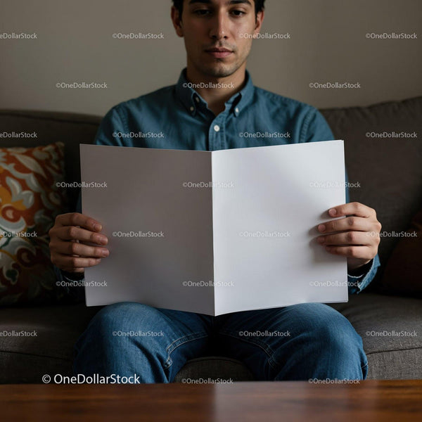 Young man reading blank brochure on sofa indoors JPG Mockup Image