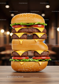 Stacked double cheeseburger with fresh vegetables