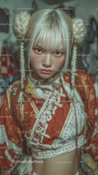 Young Woman with Platinum Blonde Braided Hair and Urban Style