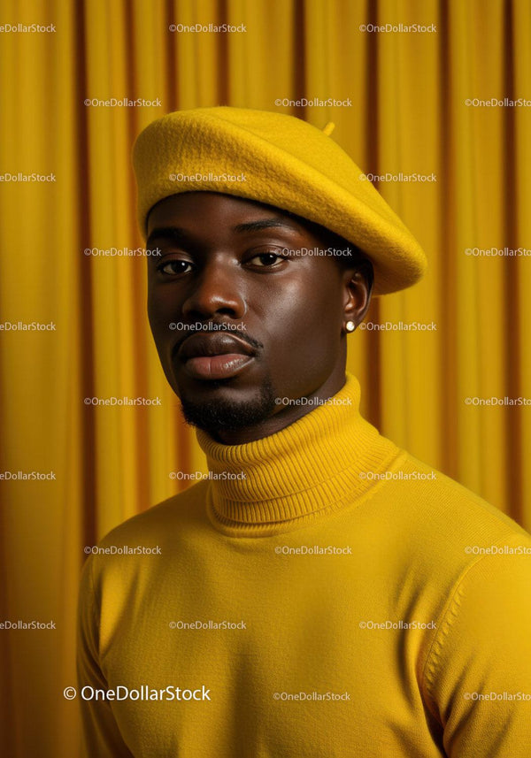 Stylish man wearing vibrant yellow turtleneck and beret
