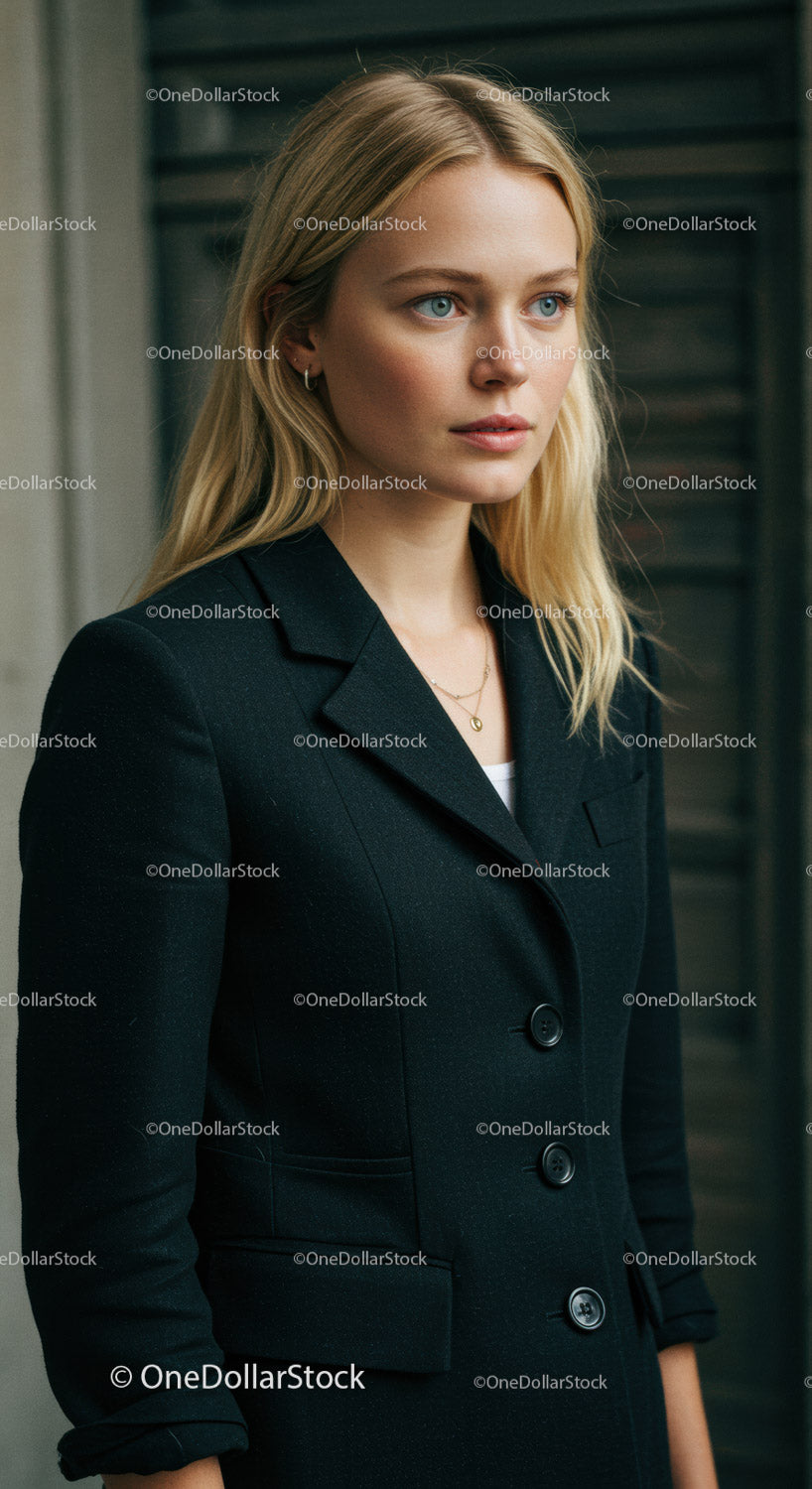 Elegancka blondynka w czarnej marynarce, portret na świeżym powietrzu