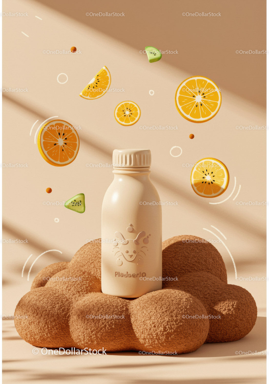 Minimalist bottle on textured organic cushion with fruit