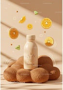 Minimalist bottle on textured organic cushion with fruit