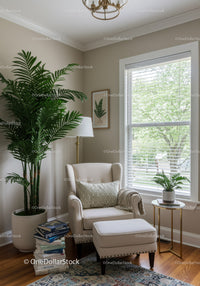 Cozy Living Room with Comfortable Armchair and Green Houseplants